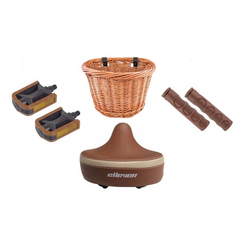 Kit Bike Vintage Retro Selim Manopla Couro Cesta Vime Marrom