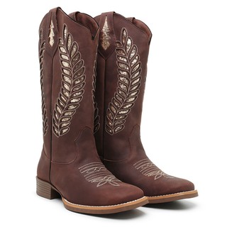 Texana Feminina Bota Botina Country Couro Bovino Cano Alto com Brilho Gliter Estilo Madrinheira