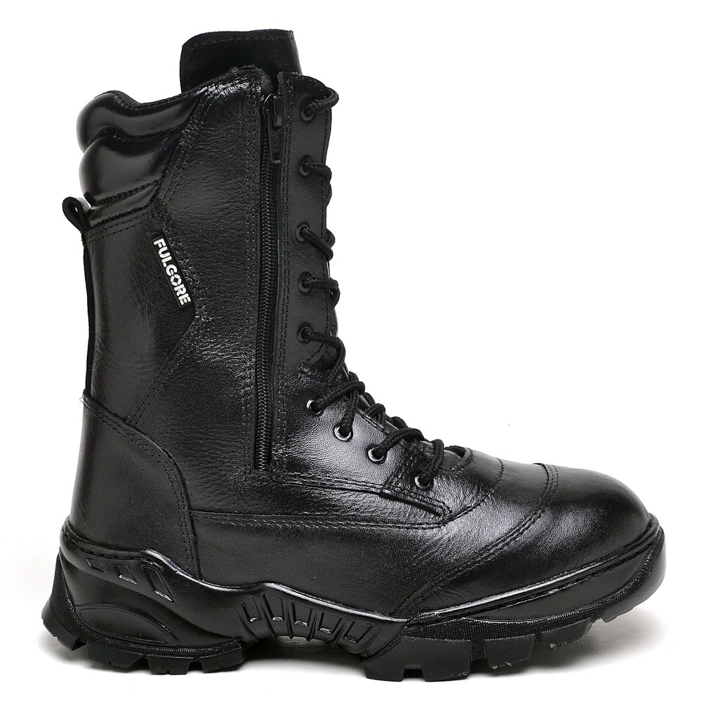 BOTA COTURNO 2 ZÍPERES CADARÇO CANO MEDIO MILITAR TATICO POLICIA EM COURO PRETO FULGORE MILITAR Ref 511