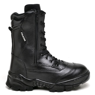 BOTA COTURNO MILITAR TATICO EM COURO PRETO 2 ZÍPERES CADARÇO CANO MEDIO Ref 511