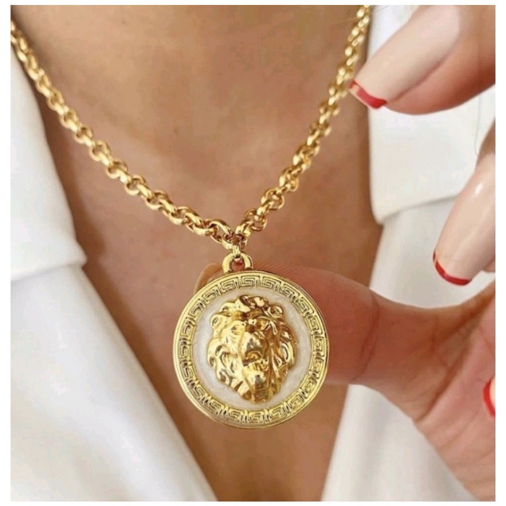 Colar Corrente Feminino Elos Português com Pingente Medalha Leão Folheado Ouro 18K Dourado Tendência