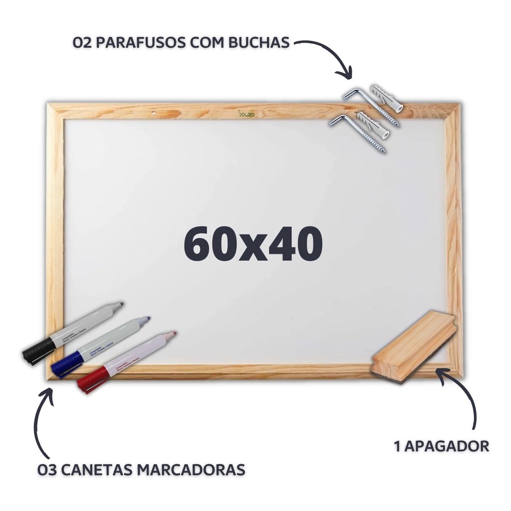 Lousa Quadro Branco Moldura Madeira 60x40 Apagador 3 Canetas