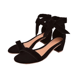 Sandália feminina Salto Médio Amarração Camurça Preta