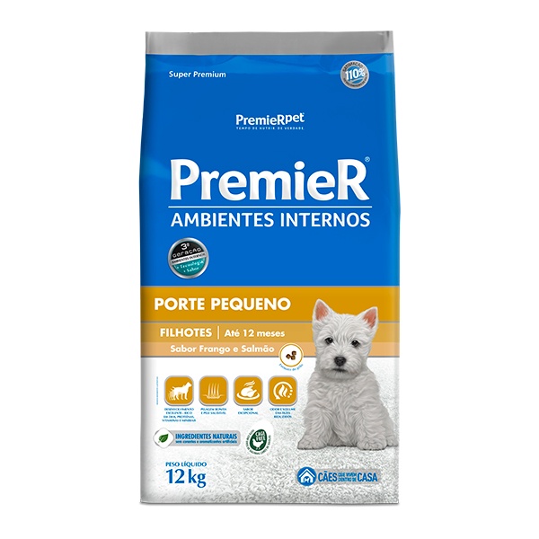 Ração Premier Ambientes Internos para Cães Filhotes de Pequeno Porte Sabor Frango e Salmão - 12Kg em Oferta na Shopee