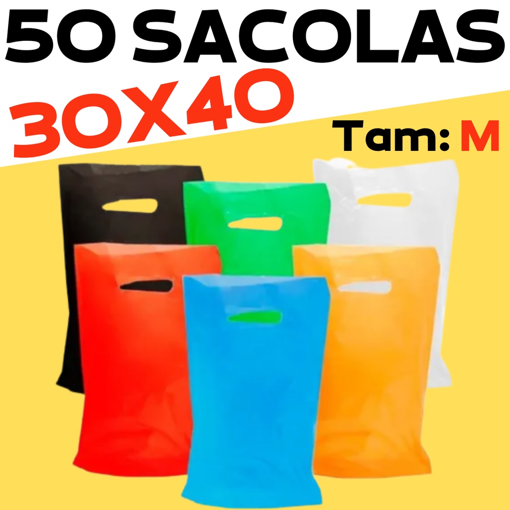 Sacolas Plástica Alça Vazada Boca de Palhaço 30x40 Várias Cores Tamanho M 50UN em Oferta na Shopee
