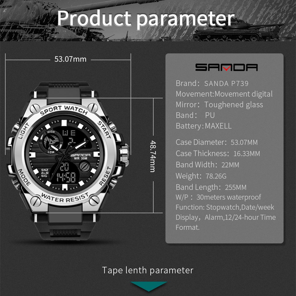 SANDA Relógios esportivos de moda marca de luxo à prova d 'água com cronógrafo duplo display masculino