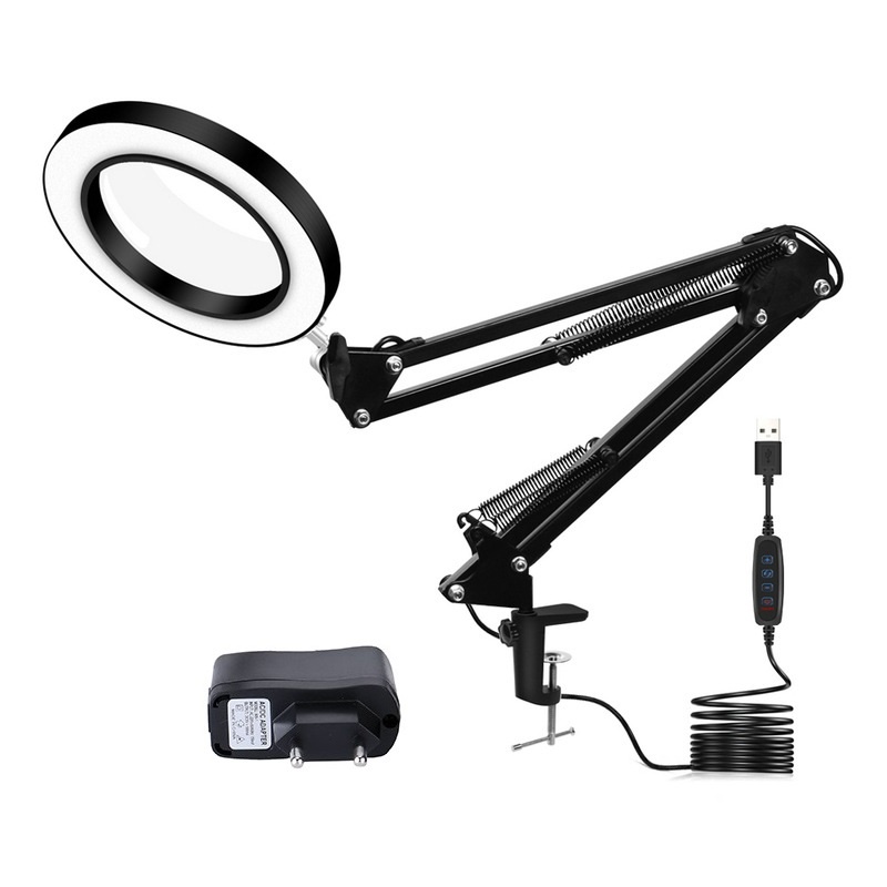 Luminaria LED/Lupa 5x c/ Braco/Pedestal Articulado p/Mesa, Leitura, Bancada p/Eletronica, Tatuagem