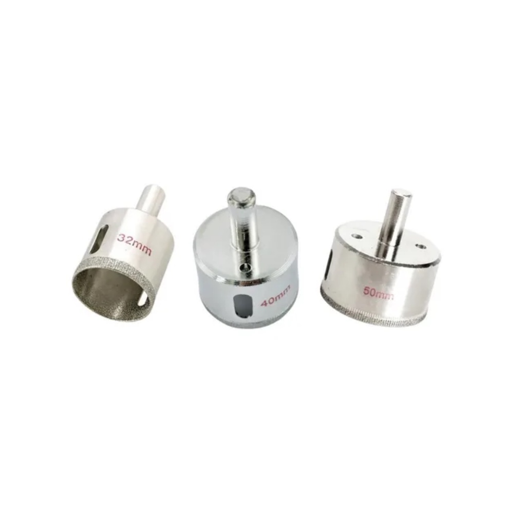 Kit 3 Brocas Serra Copo Diamantada 32 40 E 50mm Para Porcelanato Vidro Espelho Garrafas Pisos Cerâmicas Mármores Granito