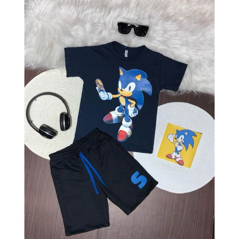 Conjunto Infantil  Masculino  Sonic Camisa Estampada + Bermuda Estampada.