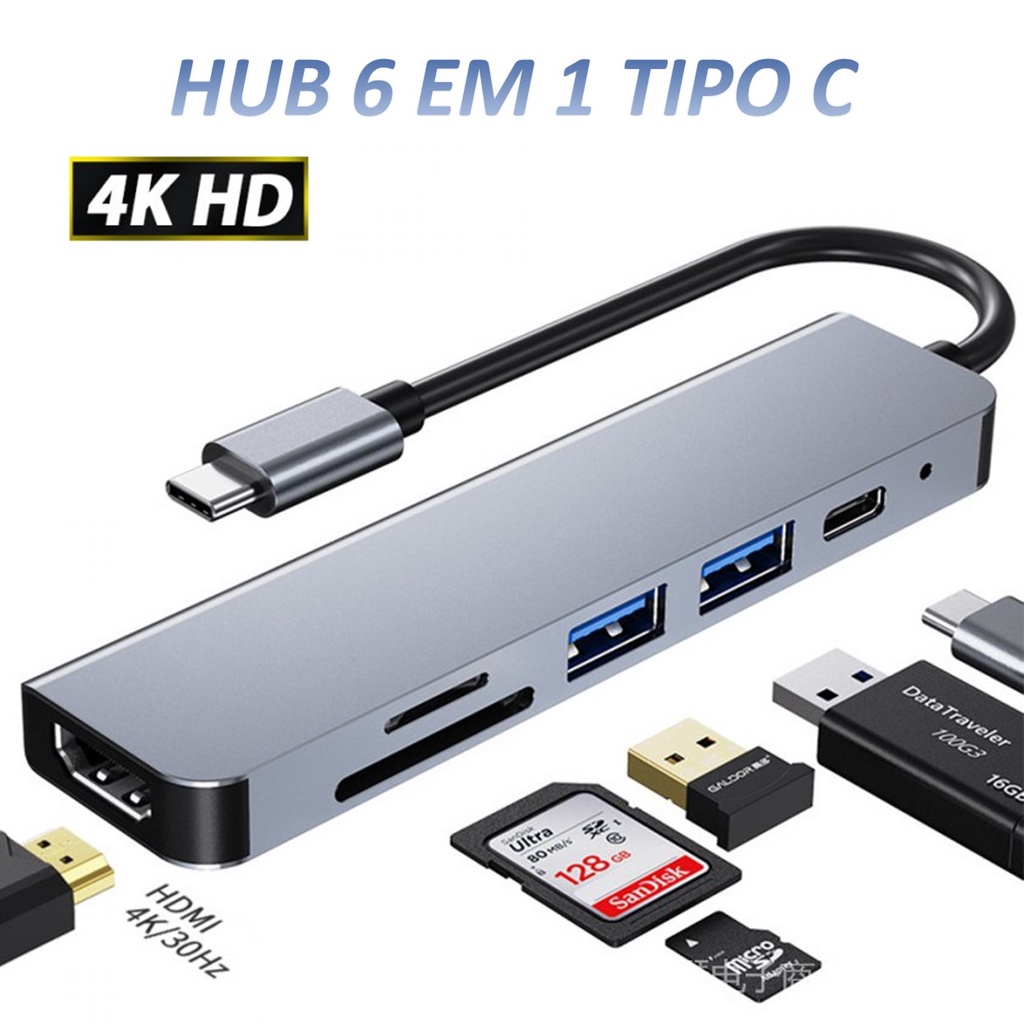 Hub USB Type C tipo C 6 Portas USB 3.0 5 Gps Compatível com Macbook Pro Air e Outros notebooks tablets