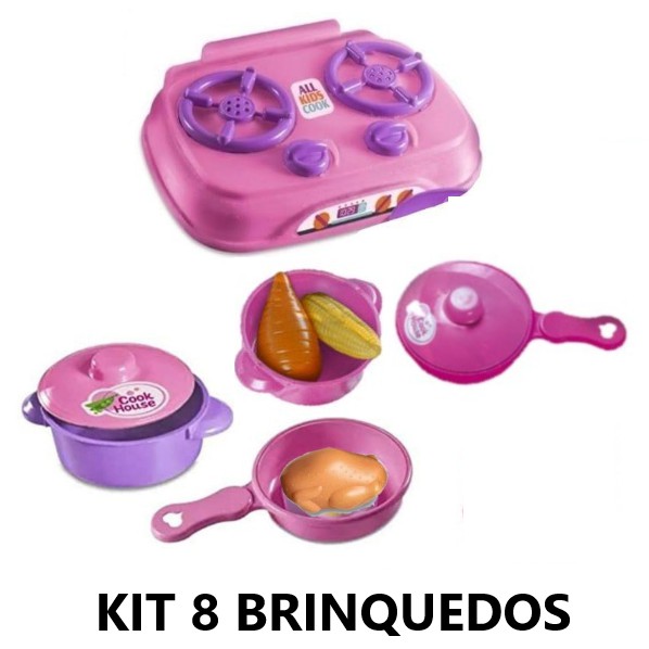 Kit Cozinha Infantil com 8 Brinquedos Fogão, 1 Panelinha com tampa, 1 frigideira  com frango, 1 Frigideira com tampa e 1 panelinha com 2 legumes sortidos