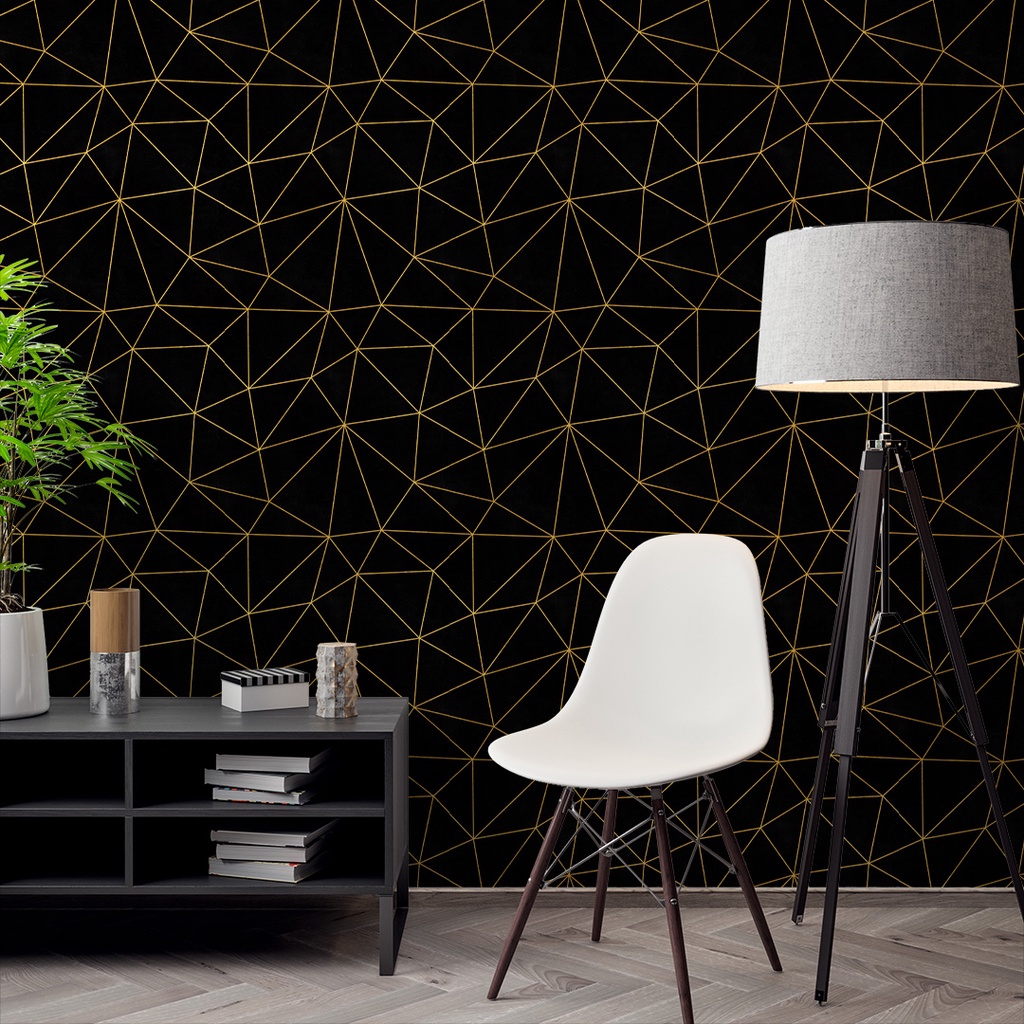 Papel de Parede Adesivo Geométrico Zara Linhas Gold Fundo Preto Delicado Lavável Sala Quarto 3D