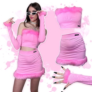 Conjunto Euphoria Rosa Saia Plumas Cropped Plumas Luva Plussize Plumas Pink Top Faixa Rosa Claro Burguesa Aesthetic Festa Euphoria Barbie Moda Gringa Plus Size