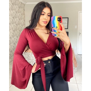 Cropped Blusinha Curta Feminina Manga longa Multiformas Transpassado Gringo