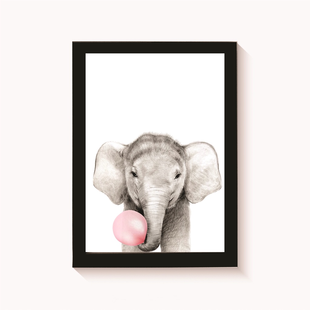 Quadro Decorativo Quarto De Bebê de Menina Elefante Mascando Chiclete A4 Moldura Preta