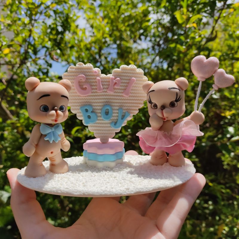 Topo de Bolo de Luxo em Biscuit Chá de Revelação Ursinho Ursinha Mod. 2 Menino ou Menina Boy or Girl