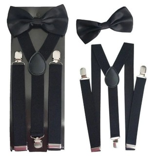 kit suspensório ajustável adulto masculino e feminino preto com gravata borboleta