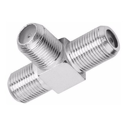 Conector Emenda F (Coaxial) Fêmea em T Niquelada. Divisor 1 para 2 em formato T. 3 Fêmeas F. Conexão Coaxial. Conector todo em metal. Próprio para cabos coaxiais (RG6, RG59 ou 4mm). Conector de alta qualidade.