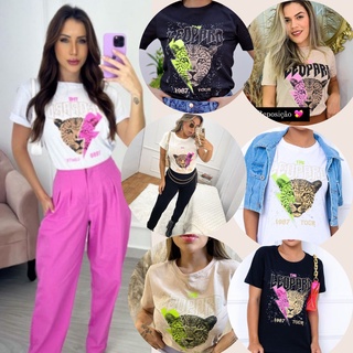 Blusa T-shirt Camiseta Feminina Estampada Moda Blogueiras Onça Leopardo