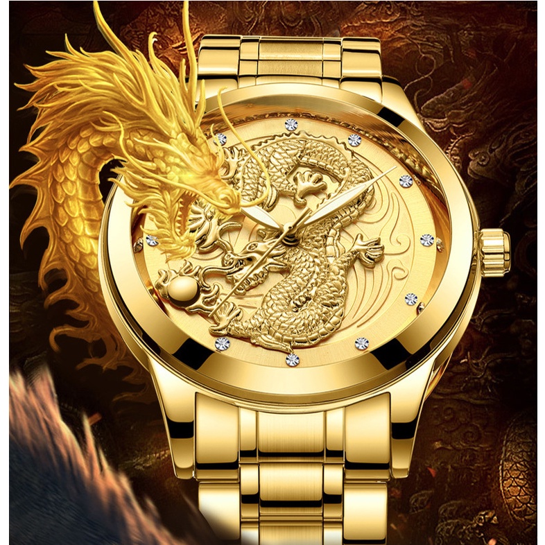 Dragão Homens Relógio De Aço Relogio Masculino Genuíno Escultura Ouro Dos À Prova D'água Quartzo Pulso De Luxo em Oferta na Shopee