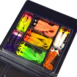34pcs Conjunto De Ganchos De Pesca Cabeça De Metal Jig 17 Pçs Gancho + 17pcs Jigging Isca Minhoca Macia De Silicone em Oferta na Shopee