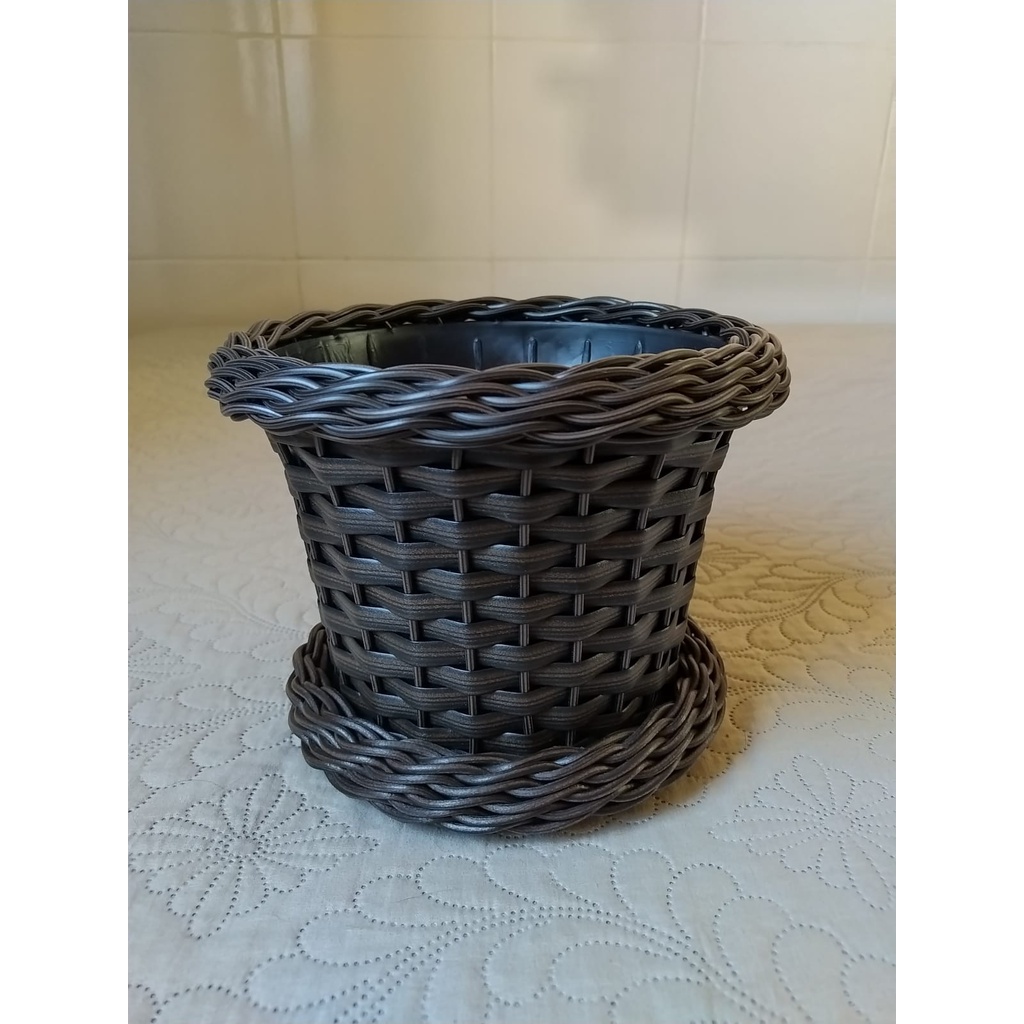 Cachepot com borda + prato fibra sintética decoração marrom escuro argila 21x 17 cm