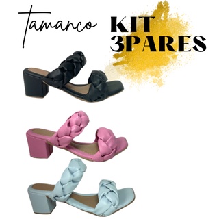 Salto Alto Tamanco Feminino Quadrado Bloco Basico Moda Conforto Kit 03 Pares