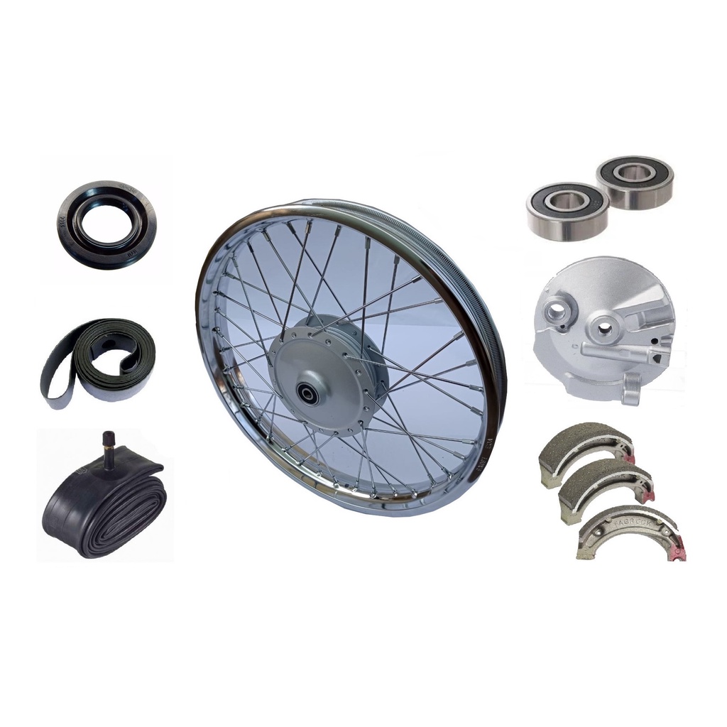 Roda Dianteira Montada Completa Ybr 125 Factor 125 Rd 125/135 Rx 125/180 Retentor+Rolamento+Espelho+Câmara+Cinta+Patim