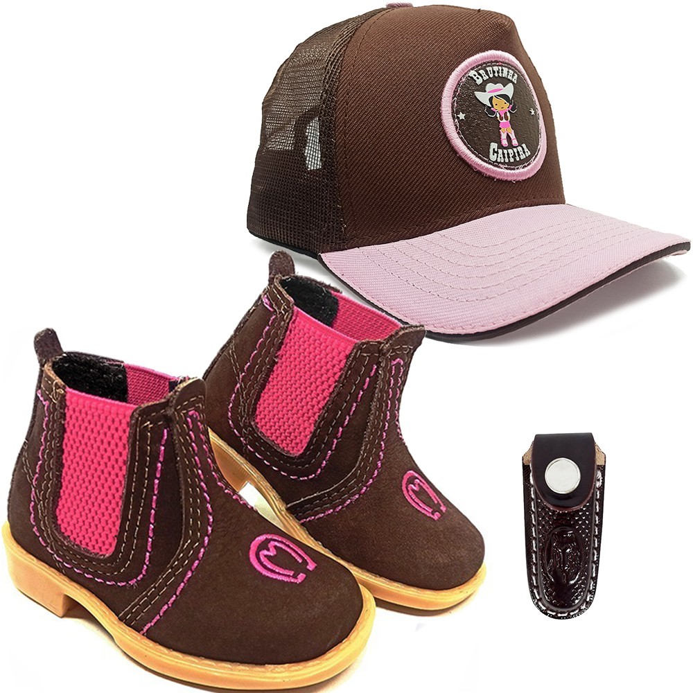 Combo Infantil Botina Rosa Mangalarga + Boné Kids Brutinha Cowgirl + Bainha Canivete CV