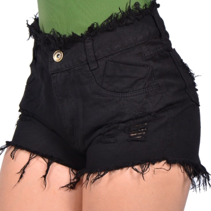 Short Preto Bermuda Jeans Feminino Destroyed Cintura Alta