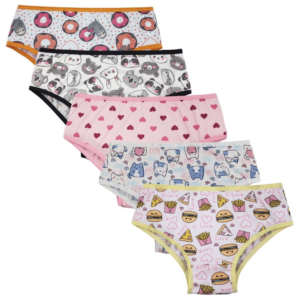 Calcinha infanto juvenil, estampas Sortidas, elástico viés - kit com 05 peças