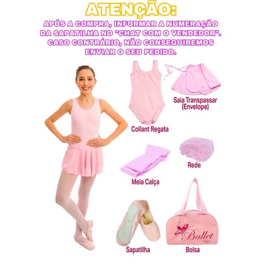 Kit Ballet Balé Infantil Uniforme/ Collant Regata + Saia + Meia + Sapatilha + Redinha + Bolsa em Oferta na Shopee