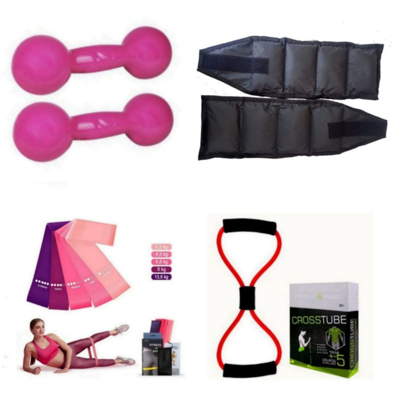 Kit Fisioterapia Treino Funcional Par Halter 1 Kg + Par Caneleira 0,50 Kg + Kit Theraband + Elástico Multifuncional