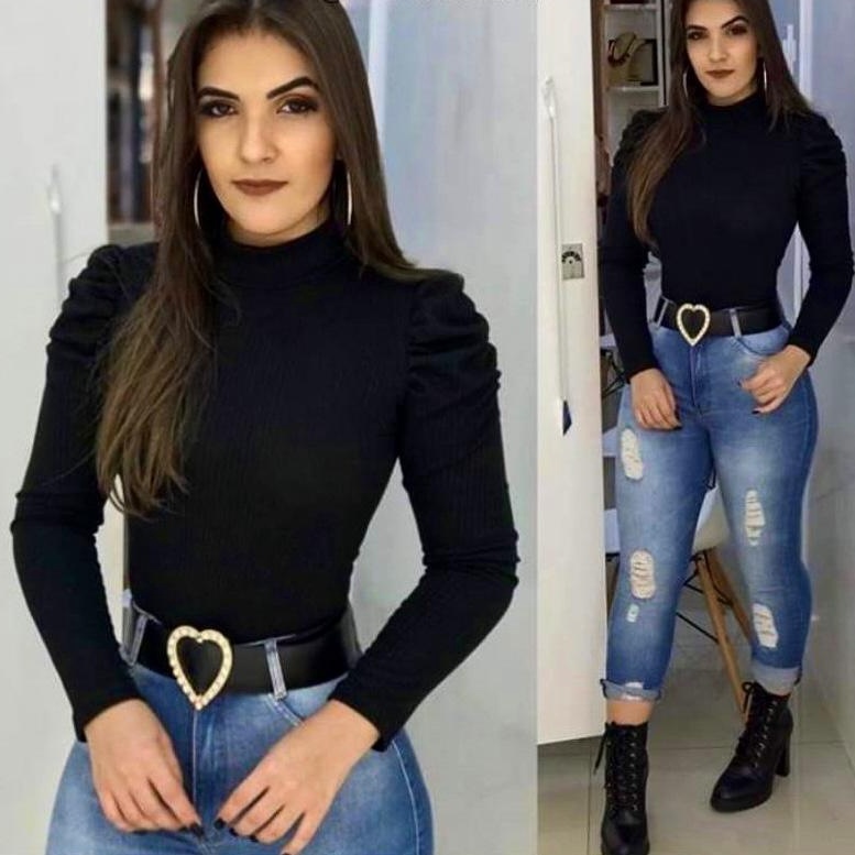 Blusa Feminina Manga Longa Princesa Gola Alta Blogueira Blusinha Manga Comprida