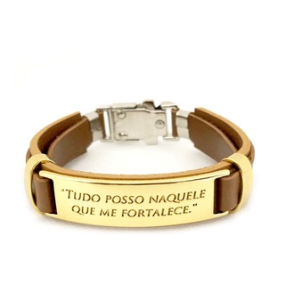 Pulseira Couro Marrom Masculina Feminina Placa Tudo Posso