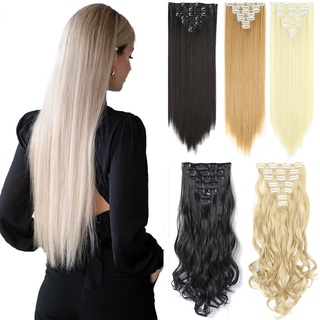 Cabelo Sintético Em Linha Reta Longa 16 Clipes 140g Extensões Clips Em Fibra De Alta Temperatura Preto Peruca Marrom
