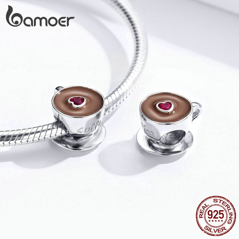 Detalhes do Bamoer 925 Sterling Silver Xícara De Café Contas De Metal Para As Mulheres Europeia Charm Bracelet Esmalte Encantos Jóias SCC1286