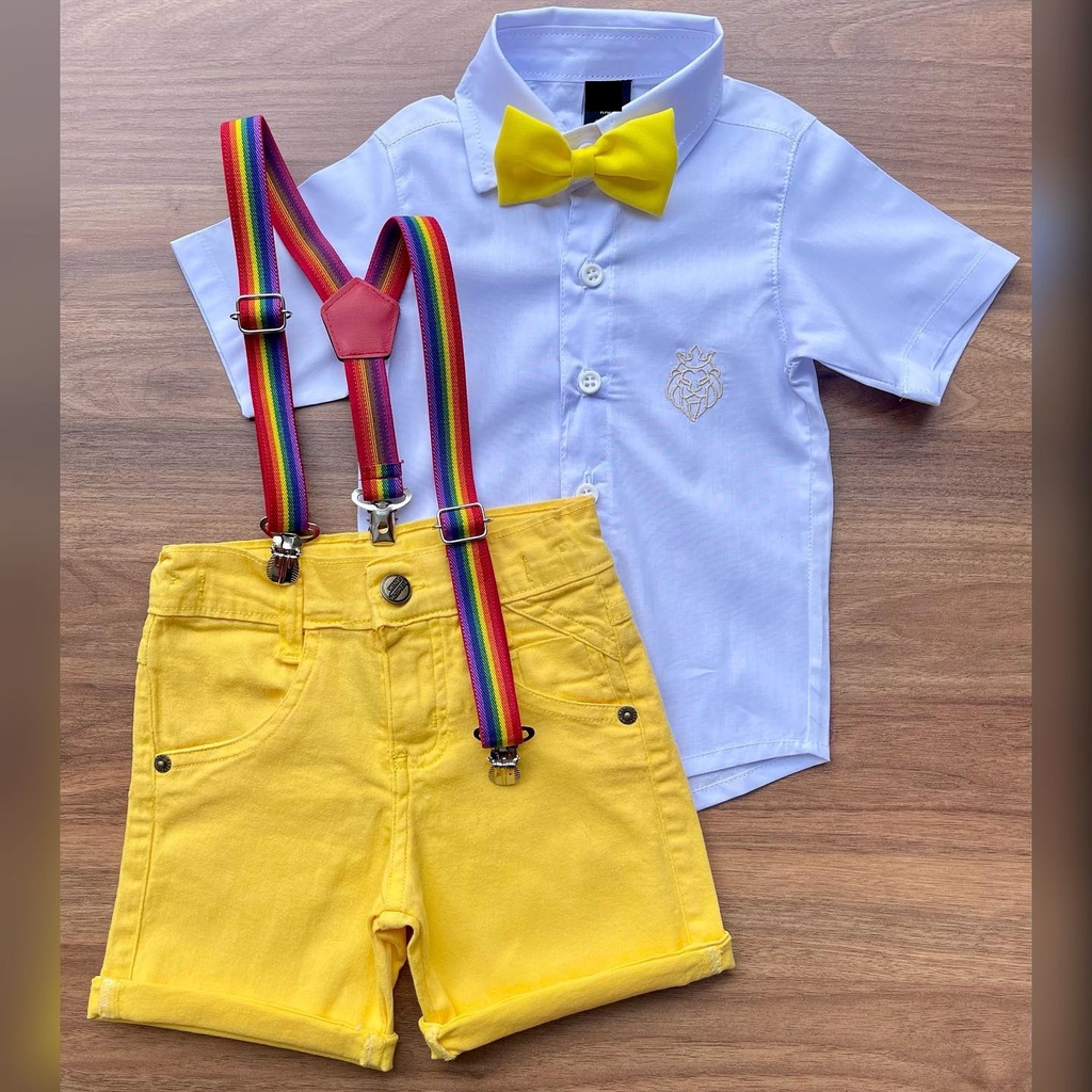 Roupa Menino Infantil Camisa Manga Curta Branco Bermuda Color Amarelo Suspensório Colorido Gravata Amarela