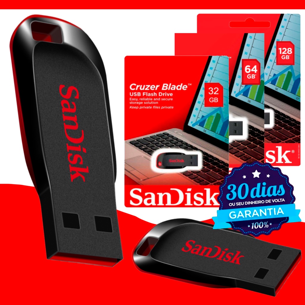 Pen Drive SanDisk 32GB 64GB 128GB 256GB Pen Drive Cruzer Blade 2.0 preto e vermelho