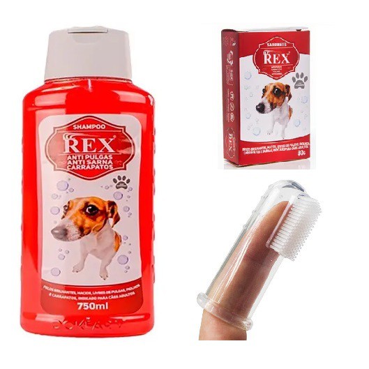 KIT C/ 1 Sabonete 80g + 1 Shampoo 750ml REX Para Combater Sarnas Pulgas e Carrapatos + Escova de Dentes em Silicone Para Pets Cachorros Dog Cães ✿ Green ✿