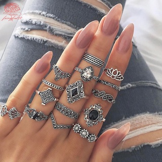 15 Peças/Conjunto De Anel Feminino Vintage De Prata Florido Ondulado
