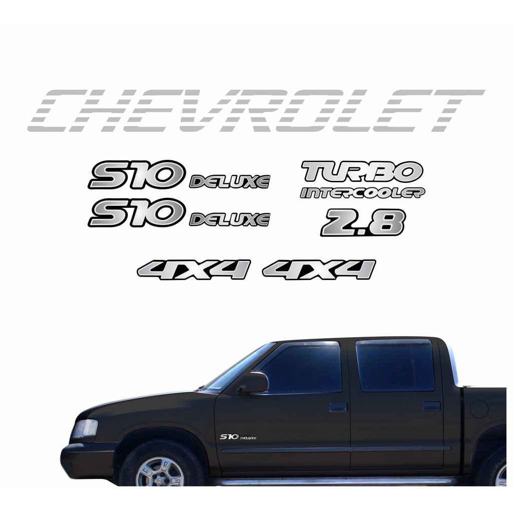 Kit Adesivos S10 4x4 Deluxe 2.8 Turbo 2001 2002 2003 2004 2005 Emblemas Prata + Resinados Relevo 3D + Faixa Tampa Traseira Camionete Caçamba R750
