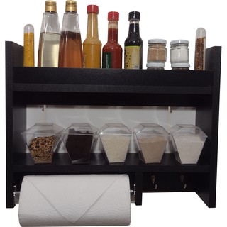 Porta Temperos Condimentos De Parede Com Suporte Para Papel Toalha E 5 Ganchos Preto