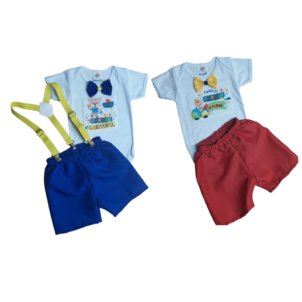 Kit C/ 2 Conjunto Infantil Meu Primeiro Carnaval Bloquinho Bebê Menino Body Shorts Roupa Mesversário Festa Fantasia