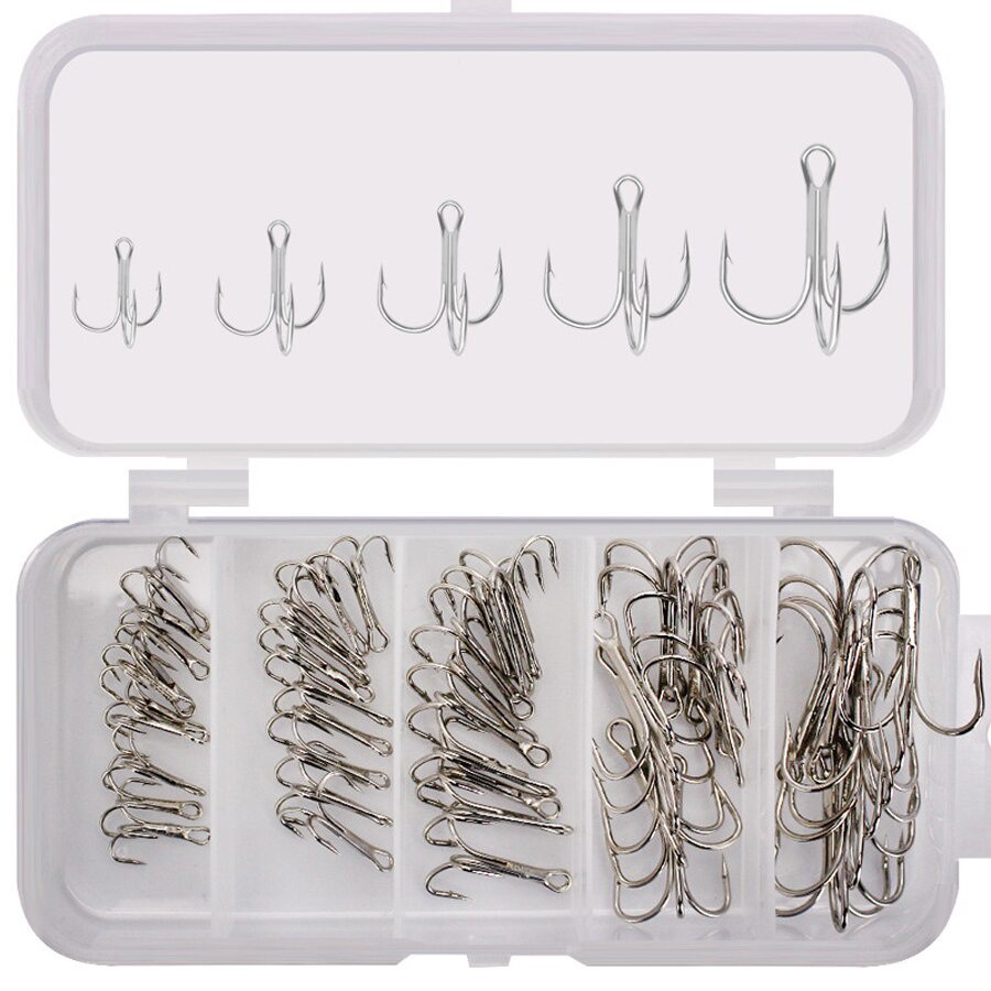 50pcs Mixed Size Barbed Fishing Treble Hook Set 4# 6# 8# 10# Carp Steel Jig Hooks Ice Sea Fishing Round Bend Pesca Hooks