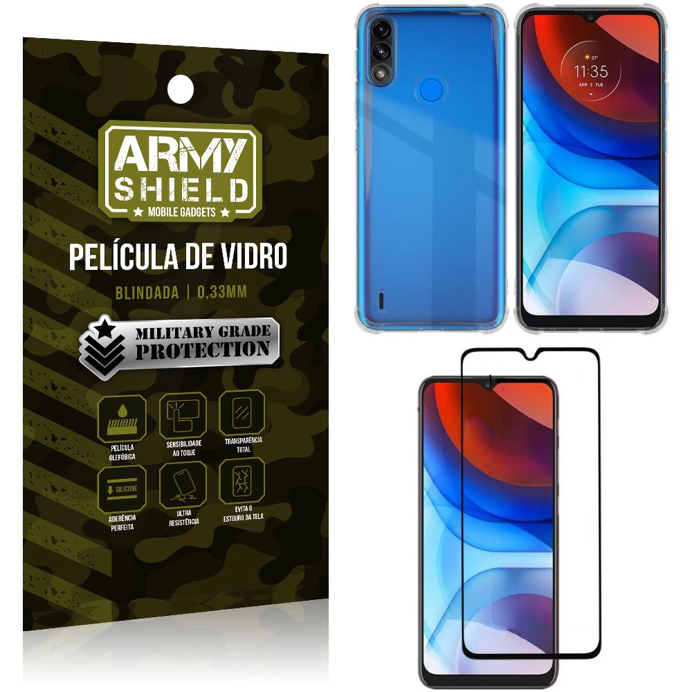 Kit Moto E7 Power Capinha Anti Impacto + Película de Vidro 3D - Armyshield