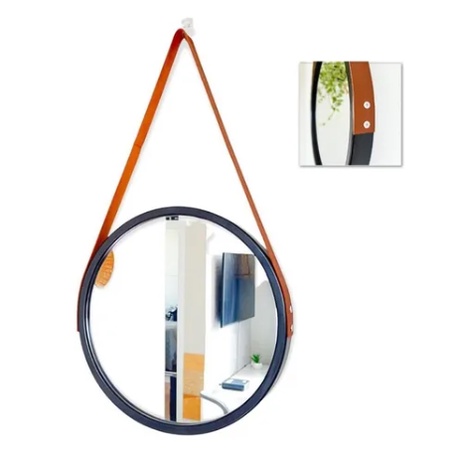 Espelho Adnet Preto Redondo Com Alça de Couro Marrom 33cm - Preto e Marrom