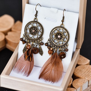 Contas De Madeira Longa Das Mulheres Do Vintage Brincos De Penas Indiano Jóias Bohemia Bronze Flor Esculpida Oco Rodada Dangle Pendurados