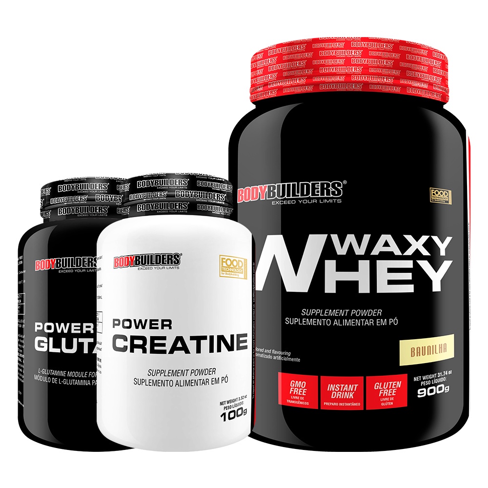 Kit Whey Protein Waxy Whey 900g + Power Creatina 100g + Power Glutamina 100g - Bodybuilders