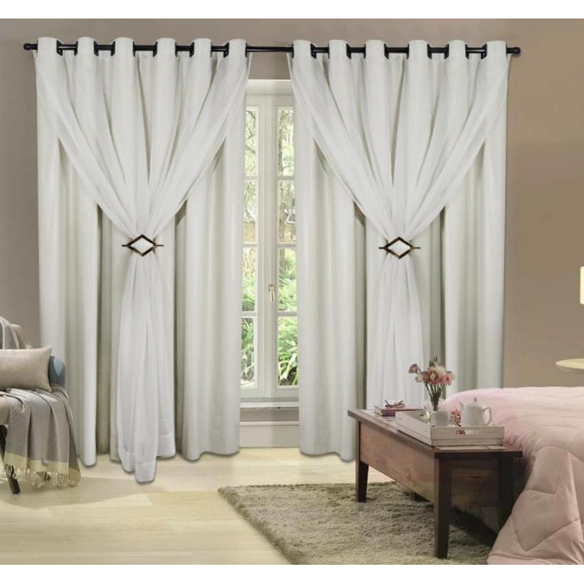 Cortina Corta Luz 4,00M x 2,80M 100% Blackout PVC Com Voil Liso E Fivelas